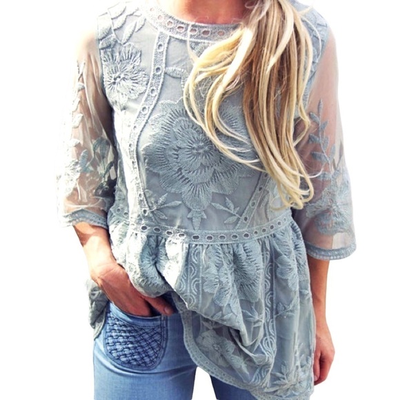 entro Tops - Entro Lace Blouse 3/4 Bell Sleeve Blue Green